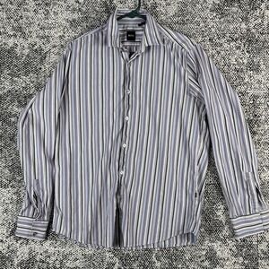 Hugo‎ Boss Shirt Mens Large Long Sleeve Button Up Purple Striped